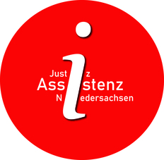 Symbol für die Justizassistenz, roter Kreis auf weißem Hintergund mit dem Slogan Justizassistenz Niedersachsen